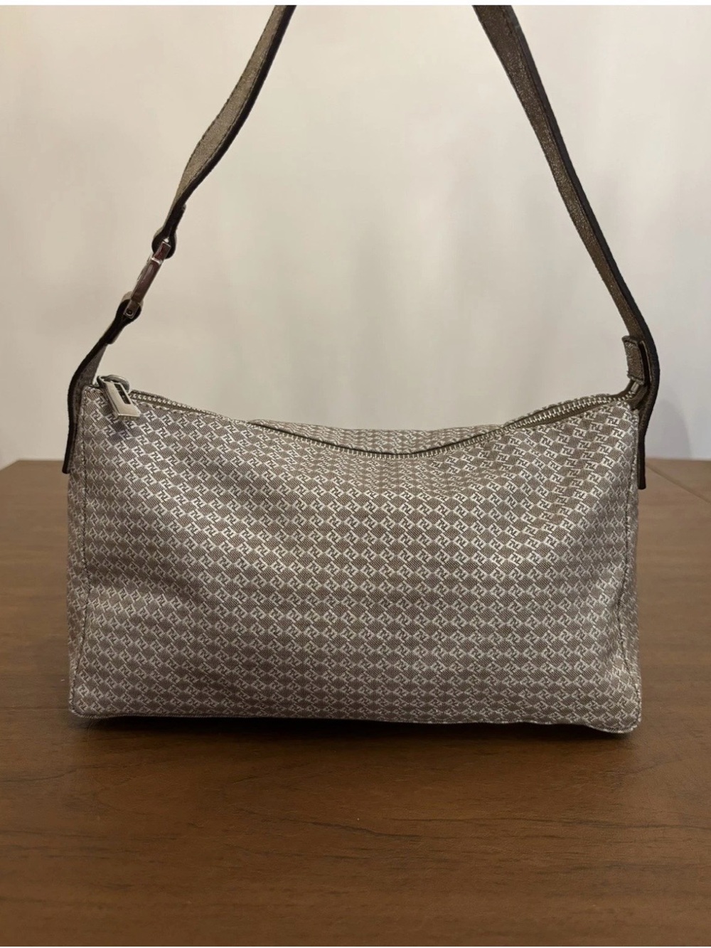 Authentic Fendi, silver metallic zucchino canvas top handle bag